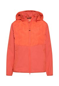 červenooranžová zateplená bunda s kapucí, vybavená plným zipem, dvěma bočními kapsami a hladkou texturou.