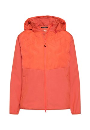 Rot-orange gepolsterte Jacke mit Kapuze, ausgestattet mit einem durchgehenden Reißverschluss, zwei seitlichen Taschen und einer glatten Textur.