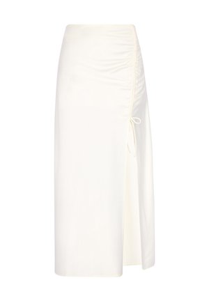 Krémově zbarvená midi sukně s bočními nařasenými detaily a rozparkem, rovný střih, vysoký pas a zavazování na pravé straně.