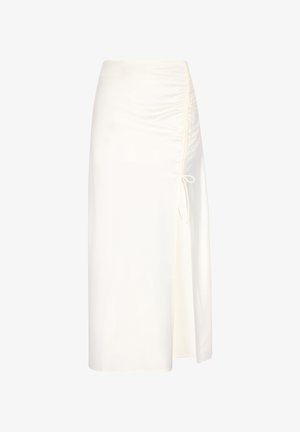 Krémově zbarvená midi sukně s bočními nařasenými detaily a rozparkem, rovný střih, vysoký pas a zavazování na pravé straně.