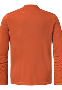 Langärmliges Shirt aus oranger Strukturstoff, mit Rundhalsausschnitt und gesteppten Akzenten. Die Rückansicht zeigt ein glattes, minimalistisches Design.