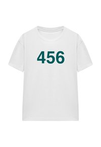 White cotton t-shirt with a round neckline, short sleeves, and a prominent dark green "456" printed on the front.