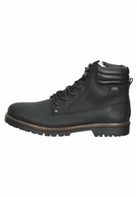 Stivale alla caviglia in pelle nera con finitura texturizzata, collo imbottito, occhielli metallici e suola marrone a contrasto con motivo scolpito.