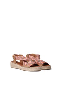 Vävd tyg espadrillosandaler med flerfärgade remmar, bruna läderdetaljer och en naturlig jutesula. Öppen tå-design och ankelsupport.