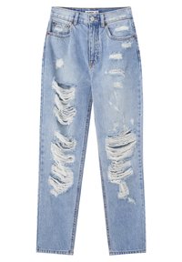 Jean en denim bleu clair avec plusieurs zones déchirées et usées, taille haute et coupe droite. Design classique à cinq poches.