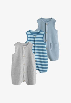 Trois grenouillères sans manches pour bébé en tissu côtelé ; les couleurs comprennent gris clair uni, bleu clair uni et rayures bleues ; toutes ont des boutons à l'avant et des poches.