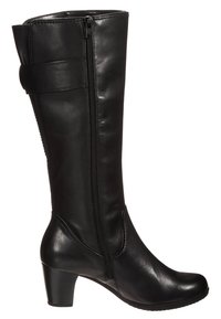 Botte en cuir noir montant jusqu'au genou avec une fermeture éclair latérale, un design profilé et un talon moyen, ornée d'une bande décorative en haut.