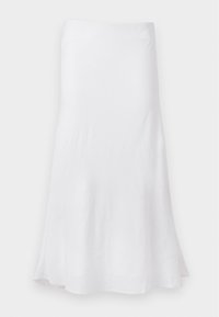 White skirt with a flowing A-line shape, made of lightweight fabric. Smooth texture, knee-length, featuring a simple design without patterns.