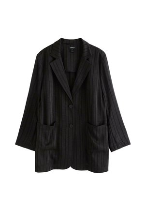 Sort oversized blazer med nålestriber, hakkede revers, to knapper og forlommer foran.