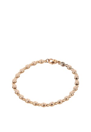 Goldfarbenes Armband mit kreisförmig spiralförmig gemusterten Gliedern, verbunden durch kleine Goldringe, mit Karabinerverschluss.