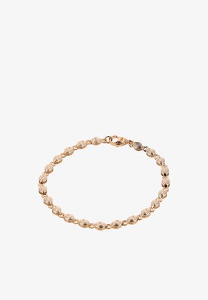 Arany tónusú karkötő, kör alakú, spirálmintás láncszemekből, amelyeket kis arany gyűrűk kötnek össze, és amelynek csattja rákzáras.