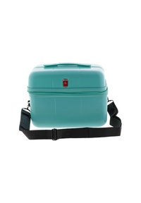 Funda de viaje rectangular rígida en color teal con cremallera, asa superior, logotipo de Gladiator y correa de hombro ajustable en color negro sobre fondo blanco.