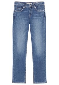 Vaqueros de pierna recta en tono azul claro elaborados en tela vaquera con un sutil efecto lavado, diseño de cinco bolsillos, cierre frontal con botones y detalles de costura en contraste.