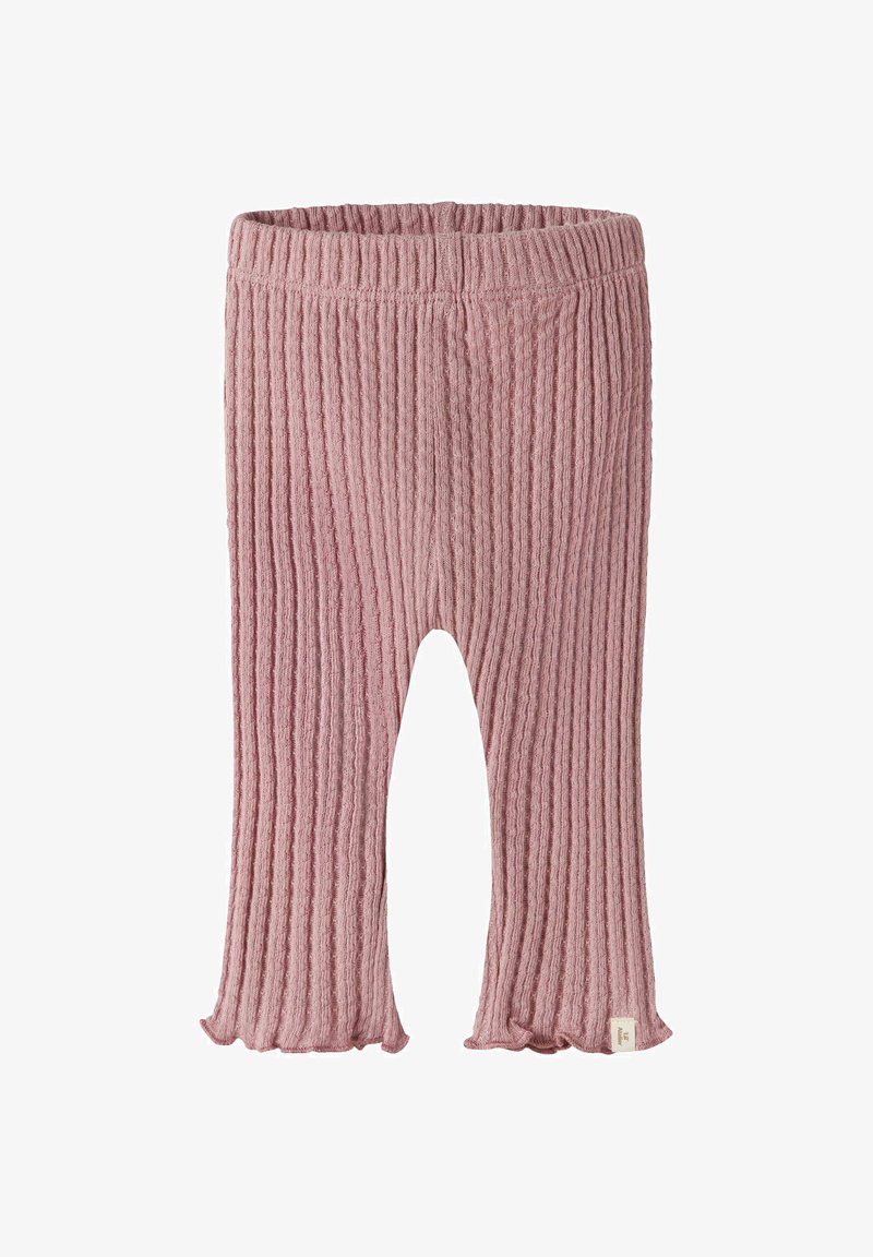 Leggings bébé en maille côtelée rose avec taille élastique et poignets à volants sur fond uni.