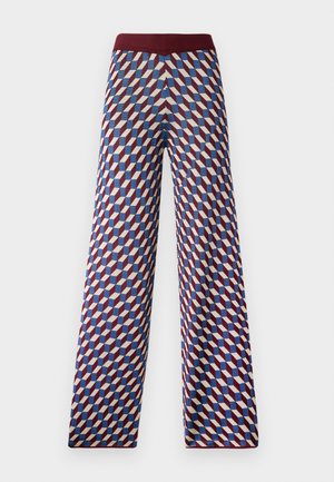 Patterned wide-leg pants with a burgundy waistband, featuring a geometric design in red, blue, and cream colors, woven fabric texture.
