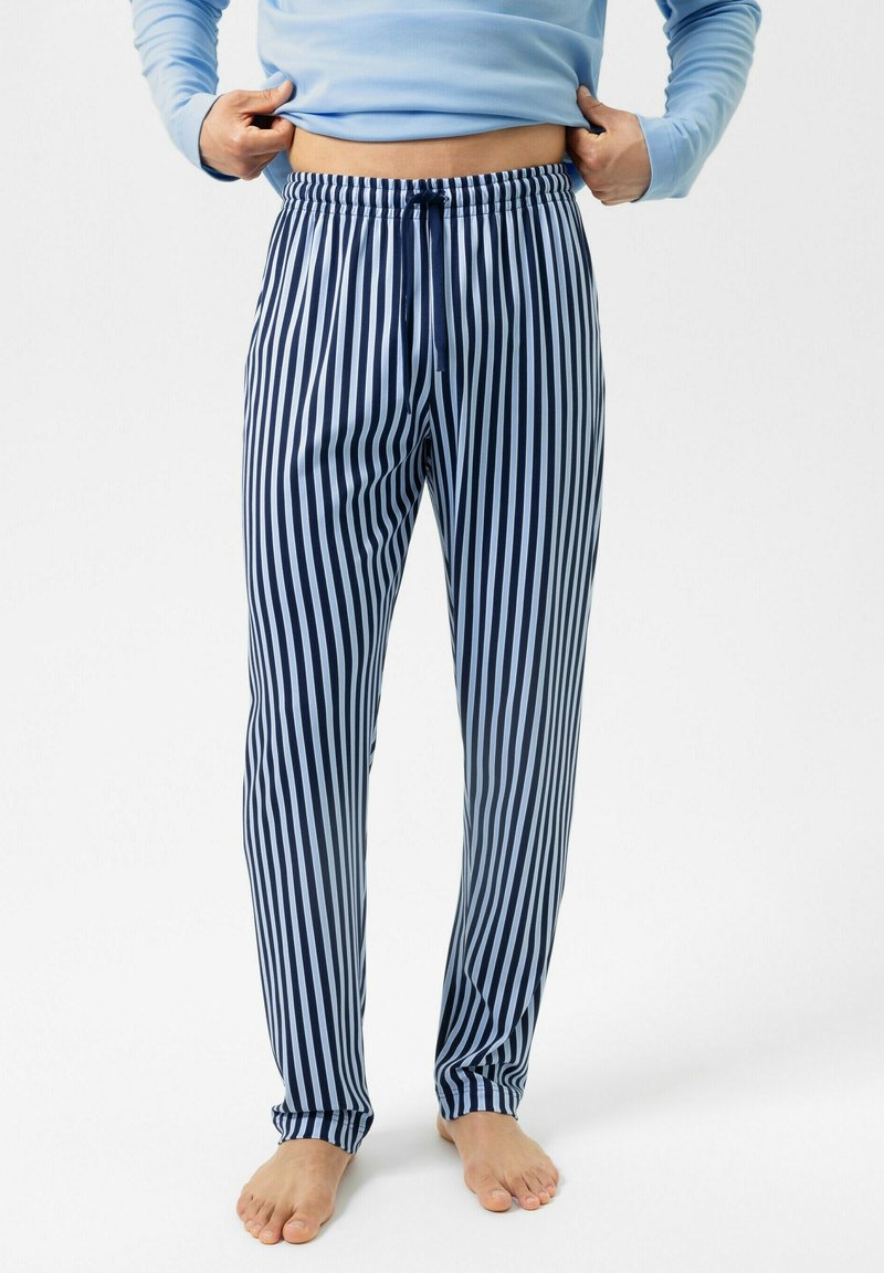 Gestreepte pyjamabroek in marineblauw en lichtblauw, met een elastische tailleband en trekkoord, een rechte pijp en een zachte stoftextuur.