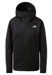 Schwarze Outdoor-Jacke mit Kapuze, Frontreißverschluss und weißem The North Face-Logo auf der linken Brust, langen Ärmeln und elastischen Bündchen.
