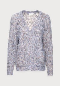 Cardigan s výstřihem do V, vyrobený z multicolor pleteniny se modrými, fialovými a oranžovými nitěmi. Má dvě přední kapsy a žebrované manžety.