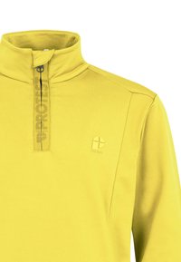 Geel kwart-rits pullover met een hoge kraag, voorzien van een zwarte rits en logo op de borst. Gemaakt van gladde, rekbare stof.