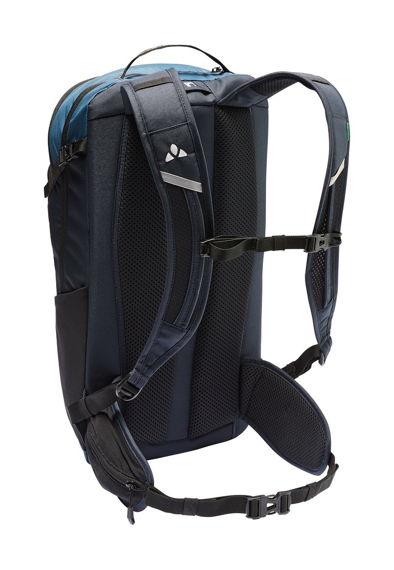 Sac à dos bleu et noir avec des bretelles en mesh rembourrées, des poches de rangement, des boucles réglables et une poignée renforcée sur le dessus.