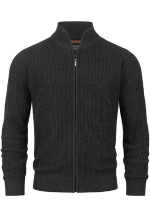 Dunkelgrauer Reißverschluss-Pullover aus einem strukturierten Strickstoff. Verfügt über einen Stehkragen sowie gerippte Bündchen und Säume für eine enge Passform.