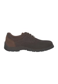 Scarpe stringate in pelle marrone scuro con una finitura liscia, dettagli in marrone chiaro a contrasto e suola in gomma con un motivo di battistrada testurizzato.