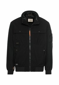 Black jacket with a zip front, high collar, two chest pockets, and one arm pocket. Features elastic cuffs and a smooth, textured surface.