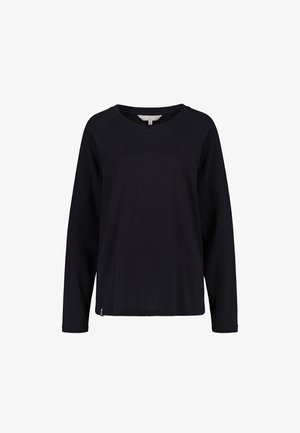 Schwarzes Langarmshirt mit Rundhalsausschnitt, Raglanärmeln, geradem Saum und kleinem Etikett nahe der unteren linken Seite.