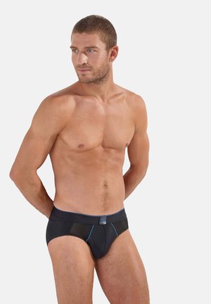 Sorte herreboxer med et slankt design og meshpaneler, pyntet med blå syninger og en komfortabel elastisk talje.