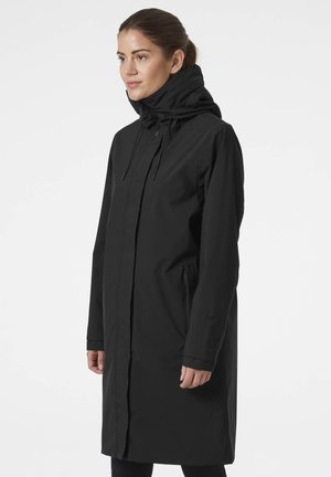 Black waterproof long coat with a high collar, adjustable hood, and zippered front. Features side pockets and smooth, matte finish.
