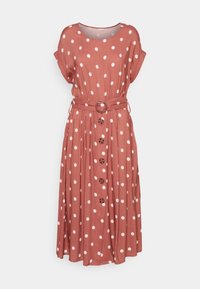 Poezenjurk in terracotta, korte mouwen, getailleerde taille met bijpassende riem en ronde gesp, knopen aan de voorkant, vloeiende stof.