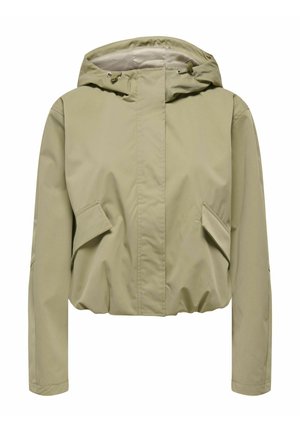 Beige hettejakke med frontlommer med klaff, lange ermer, elastisk kant og hette med snor til justering.