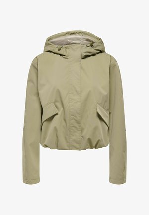 Bež jakna s kapuco, sprednjimi žepi s poklopcem, dolgimi rokavi, elastičnim spodnjim robom in kapuco z nastavljivim vrvico.