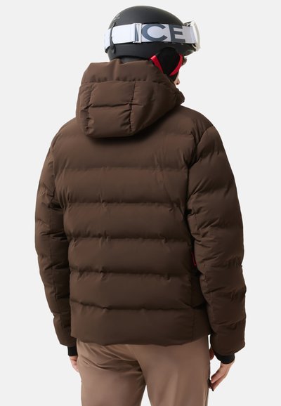 Brown puffer jacket with a hood, featuring horizontal stitching, a textured finish, and a visible zipper in the left side seam.