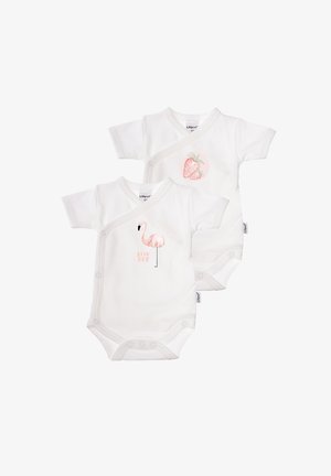 Two white cotton baby bodysuits with short sleeves. One features a pink flamingo design with the text "Lovely," the other has a strawberry graphic.