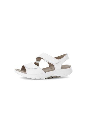 White open-toed sandals with adjustable straps, cushioned insole, and a textured rubber sole for grip and comfort.