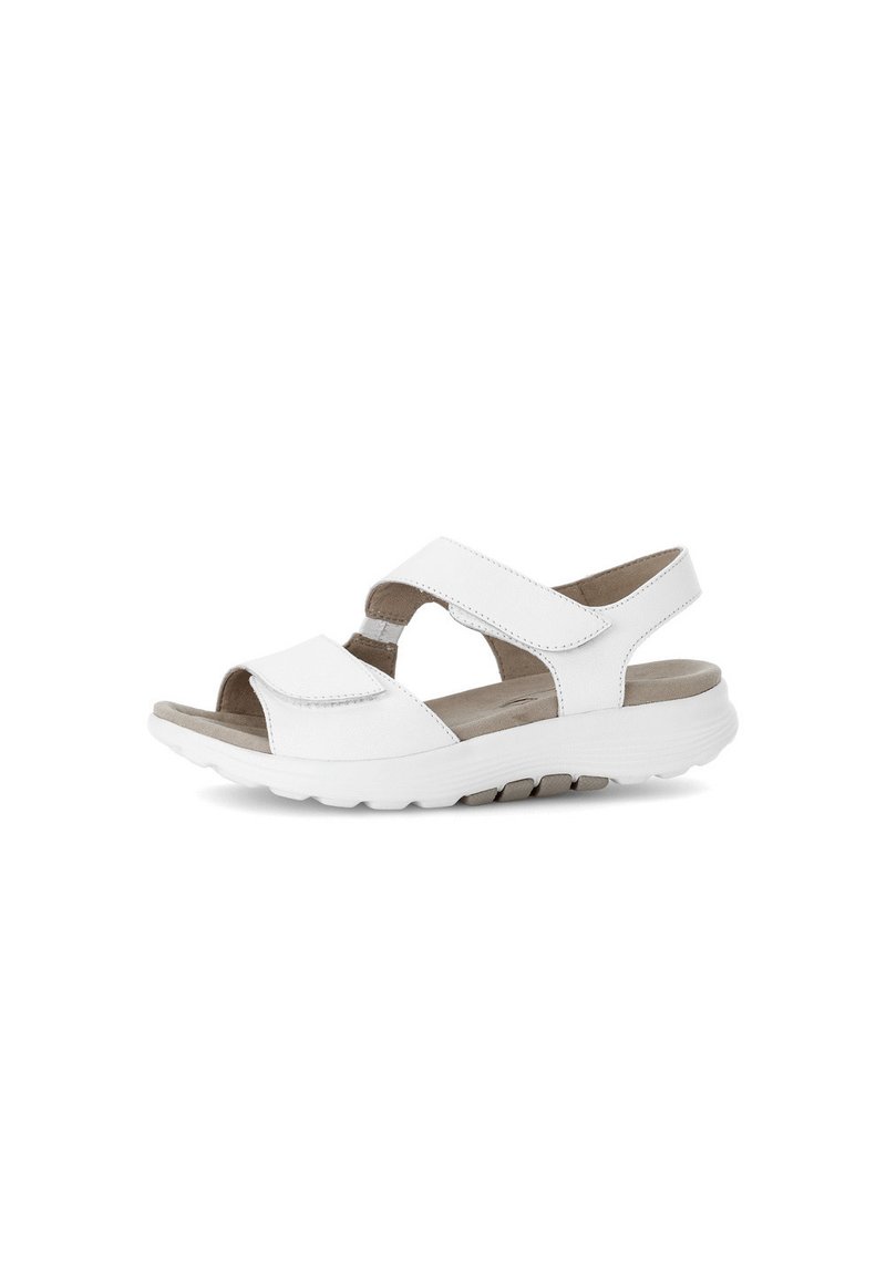 White open-toed sandals with adjustable straps, cushioned insole, and a textured rubber sole for grip and comfort.