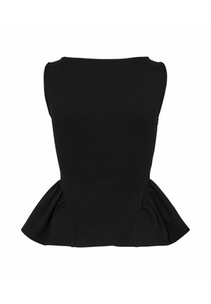 Czarny bezrękawnik z dopasowanym korpusem i peplum u dołu. Miękka, gładka tkanina o subtelnej strukturze, bez dodatkowych wzorów czy akcentów.