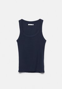 Débardeur sans manches bleu marine côtelé avec encolure ronde, posé à plat sur un fond blanc.