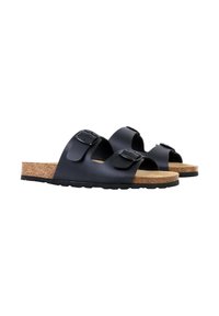 Zwarte slider-sandalen met twee verstelbare gespen, kurken voetbed en een getextureerde rubberen zool voor grip. Plat ontwerp met open teen en hiel.