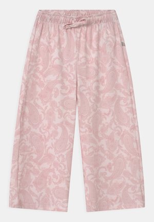 Pantalon rose ample avec taille élastique et cordon, avec un motif cachemire subtil dans une nuance de rose légèrement plus foncée.