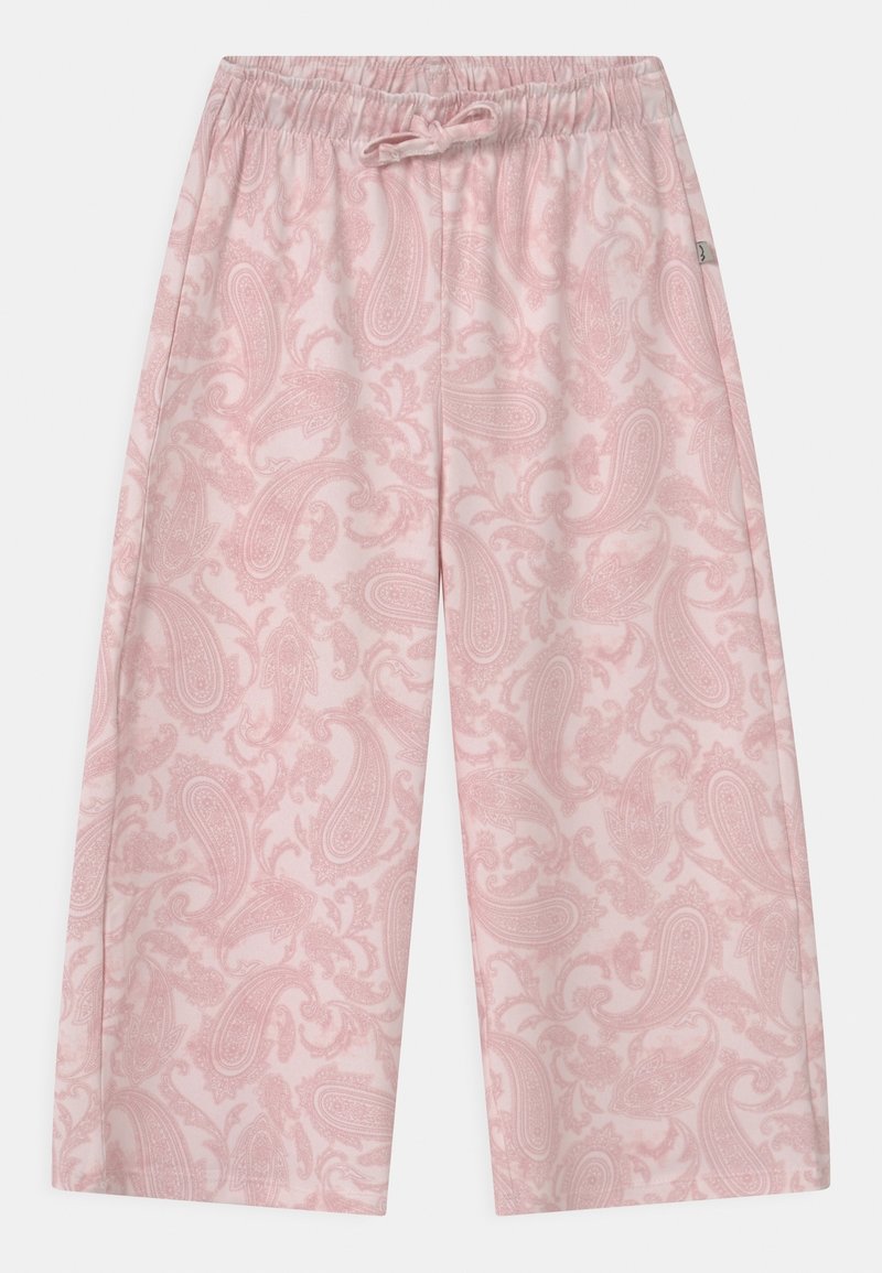 Pantalon rose ample avec taille élastique et cordon, avec un motif cachemire subtil dans une nuance de rose légèrement plus foncée.