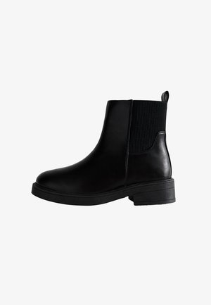 Black leather ankle boot with elastic side panels, rounded toe, and a low block heel. Smooth texture with a pull tab for ease of wear.