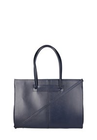 Sac fourre-tout en cuir bleu marine avec deux poignées supérieures et une bandoulière amovible ; forme rectangulaire élégante avec un design minimaliste et des détails de couture.