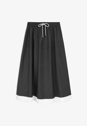 Gray skirt with a white hem, made from lightweight fabric. Elastic waist with a drawstring and decorative stitching detail.