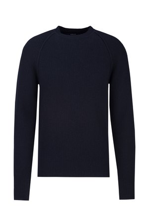 Marineblauer gerippter Pullover mit langen Ärmeln, Rundhalsausschnitt und strukturiertem Oberflächenmaterial. Beinhaltet ein tailliertes Design mit kontrastierenden Nähdetails.