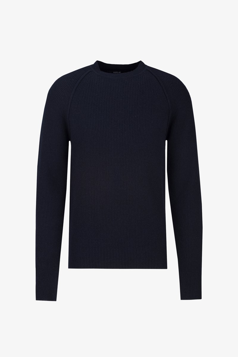 Marineblauer gerippter Pullover mit langen Ärmeln, Rundhalsausschnitt und strukturiertem Oberflächenmaterial. Beinhaltet ein tailliertes Design mit kontrastierenden Nähdetails.