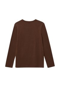 Brązowa koszulka z długim rękawem wykonana z miękkiej bawełny. Posiada klasyczny, okrągły dekolt oraz gładką fakturę, z minimalną ilością przeszyć.