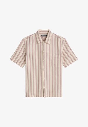 Beiges kurzärmeliges Hemd mit Knopfleiste, vertikalen roten Streifen, Brusttasche und Kragen, hergestellt von Marc O'Polo.