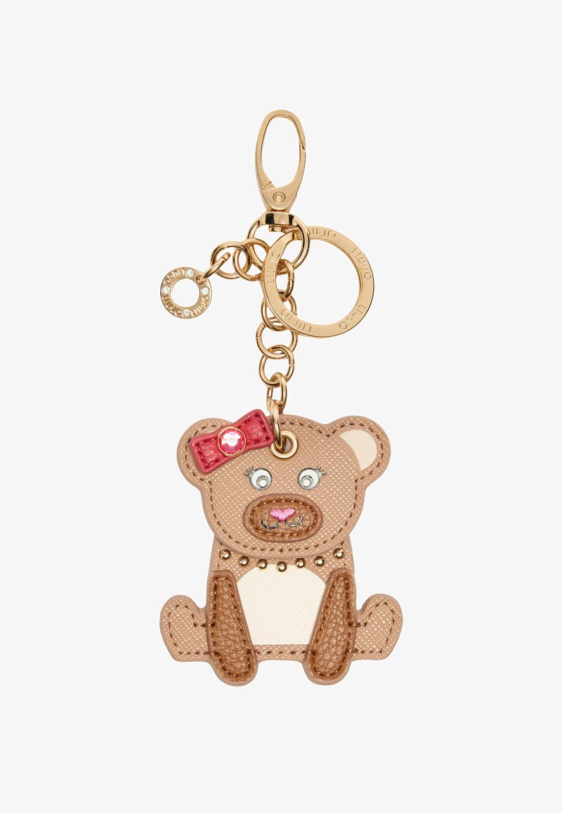 Portachiavi a forma di orso realizzato in pelle sintetica testurizzata, con una chiusura dorata, un accento di fiocco rosso e dettagli come occhi e borchie.